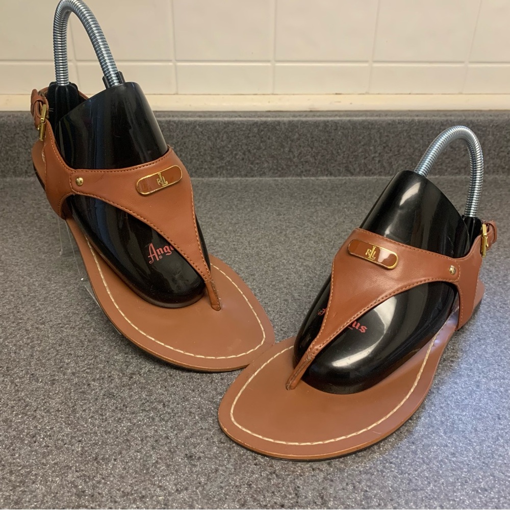 Ralph Lauren RLL Grecian brown taxi leather flat adjustable sandals Size 7 thong